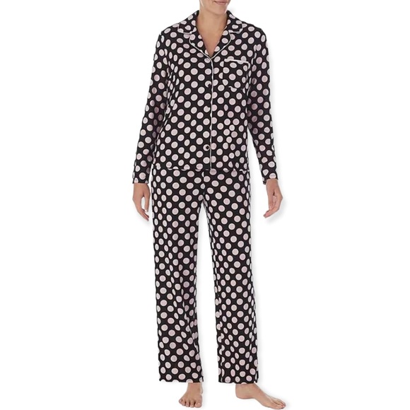 KATE SPADE Pajama Set Polka Dot Print Notch Collar Long Sleeve PJs pink Black - Picture 10 of 10